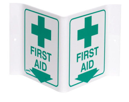 Brady Standard "V" Signs, FIRST AID (W/PICTO), Green on White, 1/EA, #V1FA03A