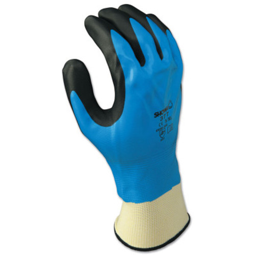 SHOWA Foam Grip 377 Nitrile-Coated Gloves, Large, Black/Blue, 12 Pair, #377L08