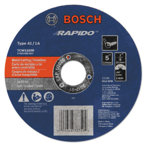 Bosch Tool Corporation Thin Cutting/Rapido Type 1A (ISO 41) Wheels, 5", 7/8 in Arbor, AS60INOX-BF Grit, 1/EA, #TCW1S500