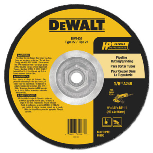 DeWalt Pipeline Cutting/Grinding Wheels, 9 in, A24R Grit, 6,600 rpm, 10/BOX, #DW8439