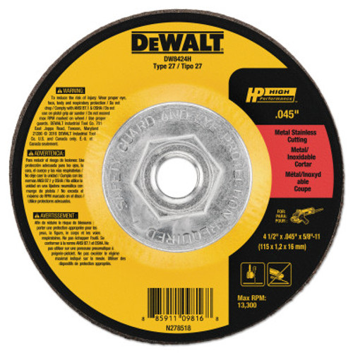 DeWalt HP T27 Metal Cutting Wheel, 4-1/2 in dia, 5/8 in-11 Arbor, 13,300 RPM, 1/EA, #DW8424H