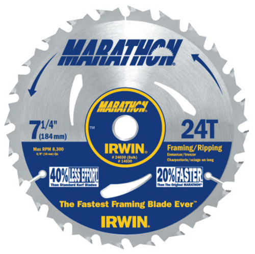 Irwin®Marathon® Portable Corded Circular Saw Blade, 7-1/4", 24 Teeth, Bulk #IR-24030 (10/Pkg)