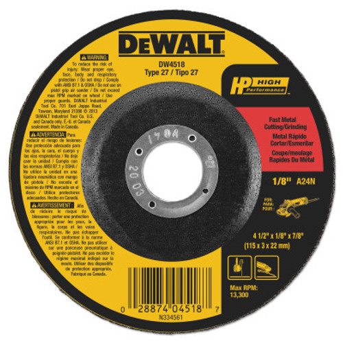 DeWalt Type 27 Depressed Center Wheels, 7/8 in Arbor, A24R Grit, Aluminum Oxide, 25/EA, #DW4518