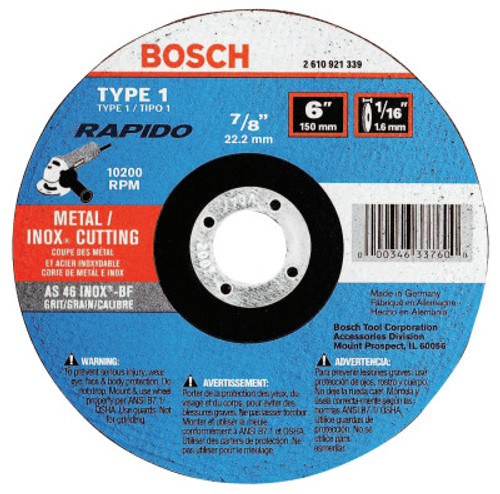 Bosch Tool Corporation Thin Cutting/Rapido Type 1A (ISO 41) Wheels, 6 X 1/16, 7/8 in Arbor, AS60INOX-BF, 25/EA, #TCW1S600