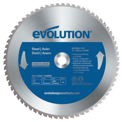 Evolution TCT Metal-Cutting Blades, 14 in, 1 in Arbor, 1,600 rpm, 66 Teeth, 1/EA, #14BLADEST