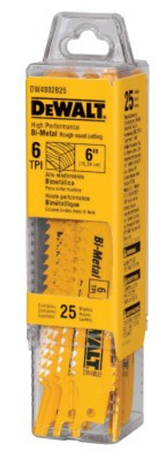 DeWalt Bi-Metal Reciprocating Saw Blades, 6 in, 6 TPI, Taper Back, Wood, 25/PK, 25/PKG, #DW4802B25 DeWalt Bi-Metal Reciprocating Saw Blades, 6 in, 6 TPI, Taper Back, Wood, 25/PK, 25/PKG, #DW4802B25