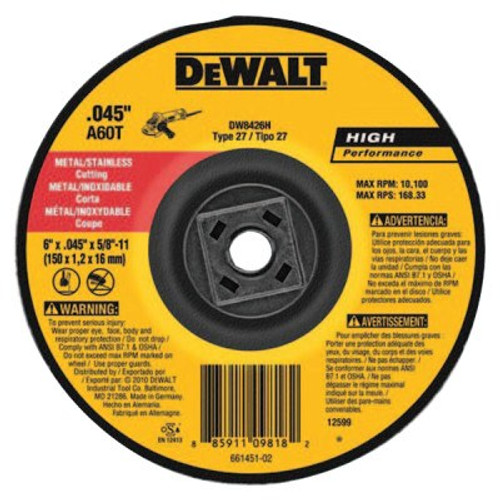 DeWalt High Performance Metal Cutting Wheels, Type 27, 6 in, 40 Grit, Aluminum Oxide, 1/EA, #DW8426H