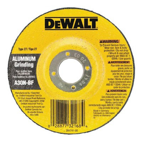 DeWalt HP T27 Aluminum Grinding Wheel, 4-1/2 in dia, 7/8 in Arbor, 13,300 RPM, 25/EA, #DW8404 DeWalt HP T27 Aluminum Grinding Wheel, 4-1/2 in dia, 7/8 in Arbor, 13,300 RPM, 25/EA, #DW8404