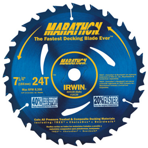Irwin Marathon Portable Corded Circular Saw Blades, 7 1/4", 24 Teeth, Anti-Friction, Carded #IR14130 (5/Pkg)