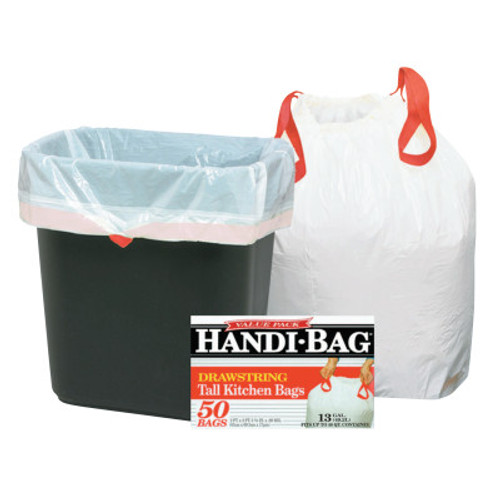 WEBSTER INDUSTRIES Drawstring Kitchen Bags, 13gal, 0.6mil, 24 x 27 3/8, White, 1/BX, #WBIHAB6DK50