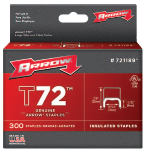 Arrow Fastener T72 Insulated 19/32" Staples, 11/32" Leg, (300 Box/40 Boxes),  #721189