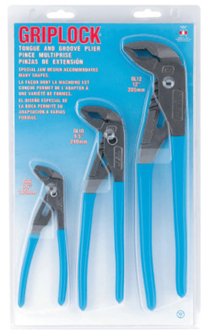 Channellock Griplock Tongue and Groove Plier Set, 6 in, 10 in and 12 in Lengths, Hex Jaw, 1/EA, #GLS3