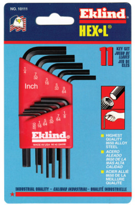 Eklind Tool Hex-L Key Set, 11 per holder, Hex Tip, Inch, Short Arm, 6/SET, #10111