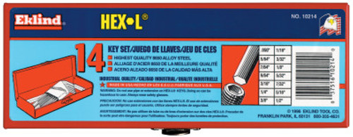 Eklind Tool Hex-L Key Set, 14 per set, Hex Tip, Inch, Long Arm, 1/ST, #10214