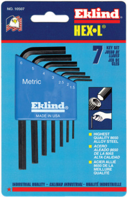 Eklind Tool Hex-L Key Set, 7 per holder, Hex Tip, Metric, Short Arm, 6/CTN, #10507