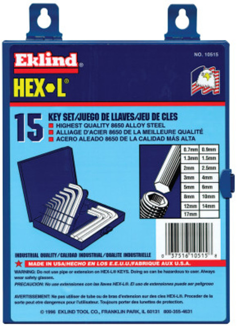 Eklind Tool Hex-L Key Set, 15 per set, Hex Tip, Metric, 1/ST, #10515