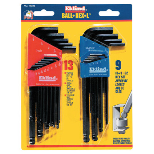 Eklind Tool Ball-Hex-L Key Sets, 22 per set, Hex Ball Tip, Inch/Metric, Black Oxide, 1/ST, #13222