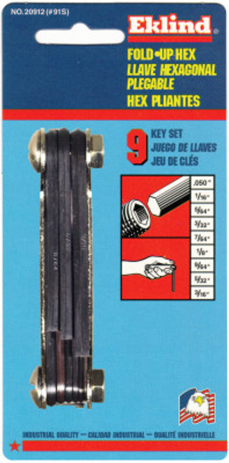 Eklind Tool Inch Fold-Up Hex Key Sets, 9 per fold-up, Hex Tip, Inch, Short, 1/SET, #20912