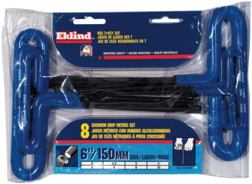 Eklind Tool Cushion Grip Hex T-Key Sets, 8 per pouch, Hex Tip, Metric, 6 in Handle, 1/SET, #55168