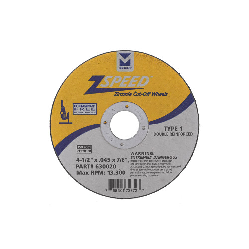 4-1/2" x .045" x 7/8" Type 1 Double Reinforced ZSpeed Zirconia Thin Cut-Off Wheels, Mercer Abrasives 630020 (50/Pkg.)