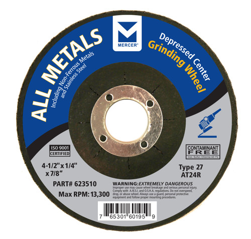 9" x 1/4" x 7/8" Type 27 All Metals Depressed Center Grinding Wheels - Single Grit, Mercer Abrasives 623500 (15/Pkg.)