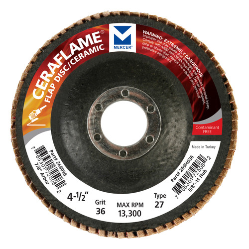 CeraFlame Type 27 Ceramic Flap Discs - 4-1/2" x 5/8"-11, Grit: 60, Mercer Abrasives 269H060 (10/Pkg.)