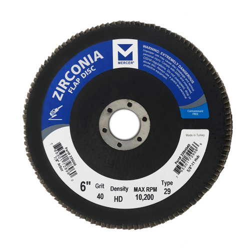 Type 29 High Density Zirconia Flap Discs - 6" x 7/8", Grit: 60, Mercer Abrasives 339060 (10/Pkg.)