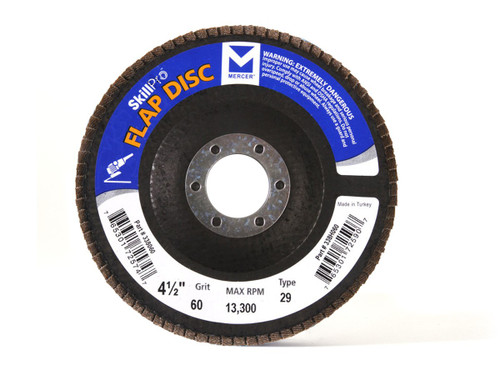 Type 29 SkillPro Zirconia Flap Discs - 4-1/2" x 5/8"-11, Grit: 60, Mercer Abrasives 338H060 (10/Pkg.) Type 29 SkillPro Zirconia Flap Discs - 4-1/2" x 5/8"-11, Grit: 60, Mercer Abrasives 338H060 (10/Pkg.)