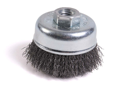 Crimped Cup Brushes - 4" x 5/8-11", Carbon Steel, Mercer Abrasives 188030 - Carded for Detail (Qty. 1)