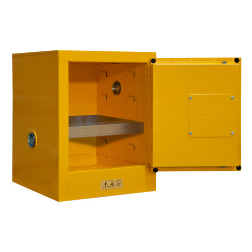 Durham Mfg Heavy-Duty Steel Flammable Storage Cabinet, 4 Gallon, 1 Door, Manual Close, 1 Shelf, Safety Yellow, 17-3/8"W x 18-1/8"D x 22-1/8"H, Yellow, DM-1004M-50 (1/Ea)