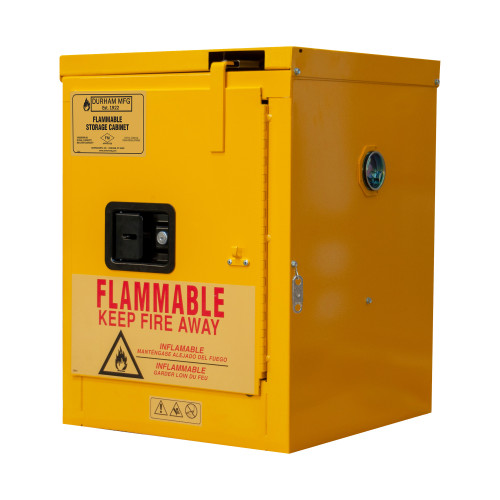 Durham Mfg Heavy-Duty Steel Flammable Storage Cabinet, 4 Gallon, 1 Door, Self Close, 1 Shelf, Safety Yellow, 17-3/8"W x 18-1/8"D x  23-3/8"H, Yellow, DM-1004S-50 (1/Ea)