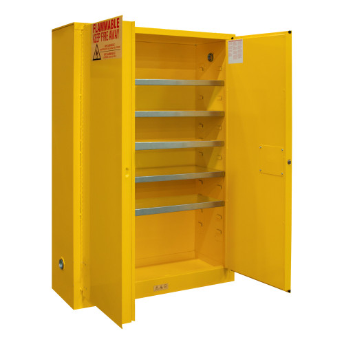 Durham Mfg Heavy-Duty Steel Flammable Storage Cabinet, FM Approved, 30 Gallon, 2 Door, Manual Close, 5 Shelves, For Paint And Ink, Safety Yellow, 43"W x 12"D x 65"H, DM-1030MPI-50 (1/Ea)