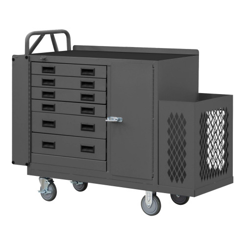 Durham Mfg Heavy-Duty Steel Mobile Maintenance Cart, 1 Door, 6 Drawers, Locking Bar, 9 Yellow Bins, Ladder Hanger, Storage Space and Ergonomic Handle, 22-3/16"W x 56-1/16"D x 41-1/8"H, Gray, DM-2211-DLP-6DR-RM-9B-95 (1/Ea)
