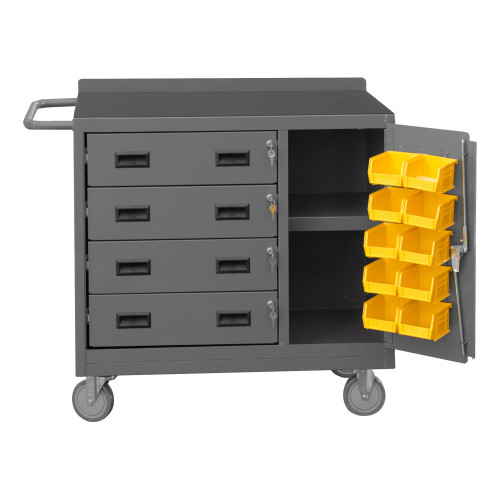 Durham Mfg Heavy-Duty Steel Mobile Bench Cabinet, 1 Shelf, 4 Drawers, 10 Yellow Bins, 1 Door, 18-1/4"W x 42-1/8"D x 36-3/8"H, Gray, DM-2211-DLP-RM-10B-95 (1/Ea)