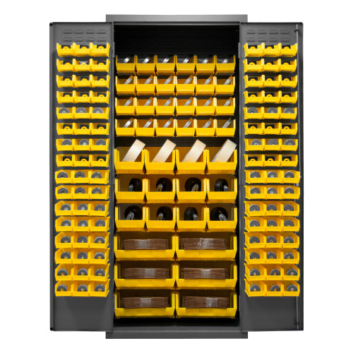 Durham Mfg Heavy-Duty Steel Cabinet, 16 Gauge, 138 Yellow Bins, 2 Doors, 36"W x 24"D x 84"H, Gray, DM-2500-138B-95 (1/Ea) Durham Mfg Heavy-Duty Steel Cabinet, 16 Gauge, 138 Yellow Bins, 2 Doors, 36"W x 24"D x 84"H, Gray, DM-2500-138B-95 (1/Ea)