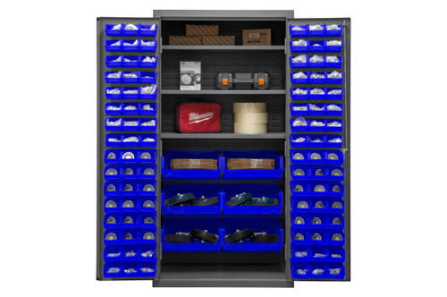 Durham Mfg Heavy-Duty Steel Cabinet, 16 Gauge, 3 Shelves, 102 Blue Bins, 2 Doors, 36"W x 24"D x 72"H, Gray, DM-2501-BDLP-102-3S-5295 (1/Ea) Durham Mfg Heavy-Duty Steel Cabinet, 16 Gauge, 3 Shelves, 102 Blue Bins, 2 Doors, 36"W x 24"D x 72"H, Gray, DM-2501-BDLP-102-3S-5295 (1/Ea)