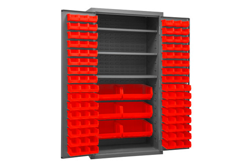 Durham Mfg Heavy-Duty Steel Cabinet, 16 Gauge, 3 Shelves, 126 Red Bins, 2 Doors, 36"W x 24"D x 72"H, Gray, DM-2501-BDLP-102-3S-1795 (1/Ea)
