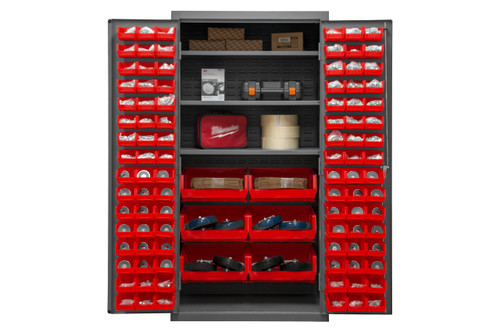 Durham Mfg Heavy-Duty Steel Cabinet, 16 Gauge, 3 Shelves, 126 Red Bins, 2 Doors, 36"W x 24"D x 72"H, Gray, DM-2501-BDLP-102-3S-1795 (1/Ea) Durham Mfg Heavy-Duty Steel Cabinet, 16 Gauge, 3 Shelves, 126 Red Bins, 2 Doors, 36"W x 24"D x 72"H, Gray, DM-2501-BDLP-102-3S-1795 (1/Ea)