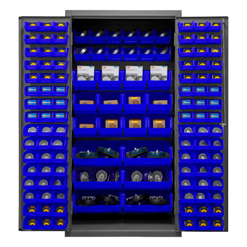Durham Mfg Heavy-Duty Steel Cabinet, 16 Gauge, 3 Shelves, 126 Blue Bins, 2 Doors, 36"W x 24"D x 72"H, Gray, DM-2501-BDLP-126-5295 (1/Ea) Durham Mfg Heavy-Duty Steel Cabinet, 16 Gauge, 3 Shelves, 126 Blue Bins, 2 Doors, 36"W x 24"D x 72"H, Gray, DM-2501-BDLP-126-5295 (1/Ea)