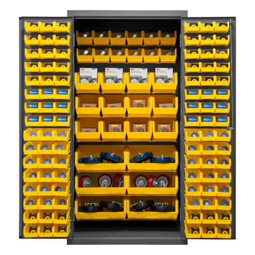 Durham Mfg Heavy-Duty Steel Cabinet, 16 Gauge, 3 Shelves, 126 Yellow Bins, 2 Doors, 36"W x 24"D x 72"H, Gray, DM-2501-BDLP-126-95 (1/Ea) Durham Mfg Heavy-Duty Steel Cabinet, 16 Gauge, 3 Shelves, 126 Yellow Bins, 2 Doors, 36"W x 24"D x 72"H, Gray, DM-2501-BDLP-126-95 (1/Ea)
