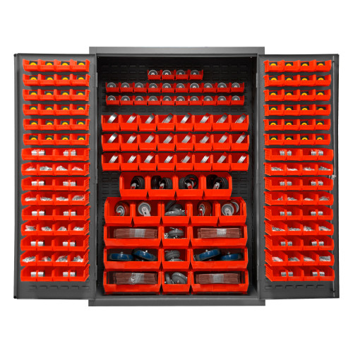 Durham Mfg Heavy-Duty Steel Cabinet, 16 Gauge, 186 Red Bins, 2 Doors, 48"W x 24"D x 72"H, Gray, DM-2502-186-1795 (1/Ea)