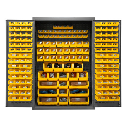Durham Mfg Heavy-Duty Steel Cabinet, 16 Gauge, 186 Yellow Bins, 2 Doors, 48"W x 24"D x 72"H, Gray, DM-2502-186-95 (1/Ea)