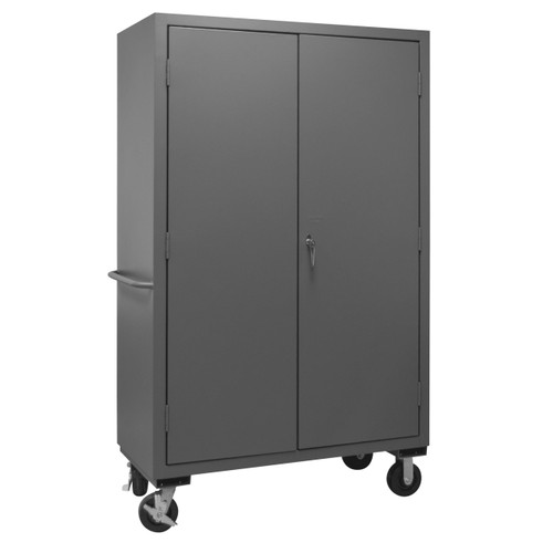 Durham Mfg Heavy-Duty Steel Mobile Cabinet, 16 Gauge, 2 Shelves, 18 Red Bins. 2 Doors, 50-9/16"W x 24"D x 81"H, Gray, DM-2502M-BLP-18-2S-1795 (1/Ea)