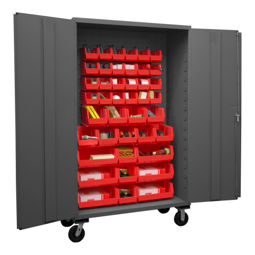 Durham Mfg Heavy-Duty Steel Mobile Cabinet, 16 Gauge, 42 Red Bins, 2 Doors, 48"W x 24"D x 81"H, Gray, DM-2502M-BLP-42-1795 (1/Ea)