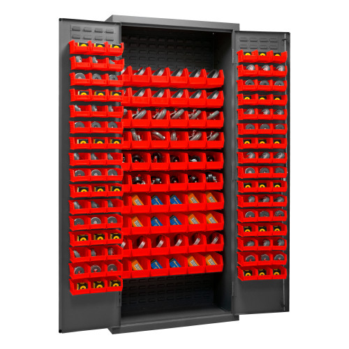 Durham Mfg Heavy-Duty Steel Cabinet, 16 Gauge, 156 Red Bins, 2 Doors, 36"W x 18"D x 84"H, Gray, DM-2603-156B-1795 (1/Ea) Durham Mfg Heavy-Duty Steel Cabinet, 16 Gauge, 156 Red Bins, 2 Doors, 36"W x 18"D x 84"H, Gray, DM-2603-156B-1795 (1/Ea)
