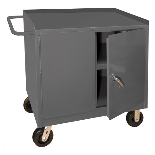 Durham Mfg Heavy-Duty Steel Mobile Bench Cabinet, 1 Shelf, 2 Doors, 24-1/4"W x 42-1/8"D x 36-3/8"H, Gray, DM-3100-95 (1/Ea)