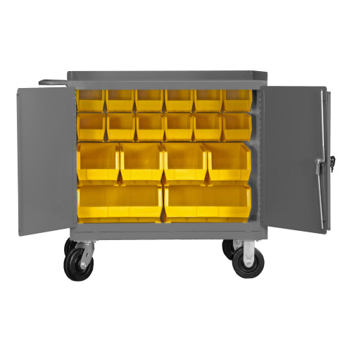 Durham Mfg Heavy-Duty Steel Mobile Bench Cabinet, 18 Yellow Bins, 2 Doors, 24-1/4"W x 42-1/8"D x 37-3/4"H, Gray, DM-3100-BLP-18-95 (1/Ea)