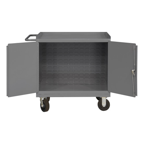 Durham Mfg Heavy-Duty Steel Mobile Bench Cabinet, Louvered Panel Back, 2 Doors, 24-1/4"W x 42-1/8"D x 37-3/4"H, Gray, DM-3100-BLP-95 (1/Ea)