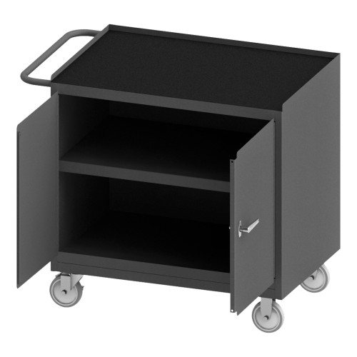 Durham Mfg Heavy-Duty Steel Mobile Bench Cabinet, 1 Shelf, Black Rubber Mat, 2 Doors, 24-1/4"W x 42-1/8"D x 36-3/8"H, Gray, DM-3100RM-5PU-95 (1/Ea)