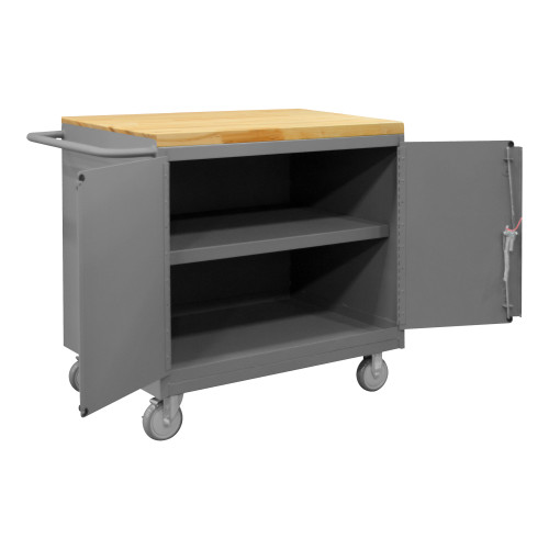 Durham Mfg Heavy-Duty Steel Mobile Bench Cabinet, 1 Shelf, Maple Top, 2 Doors, 24-1/4"W x 42-1/8"D x 37-1/8"H, Gray, DM-3113-MT-95 (1/Ea)